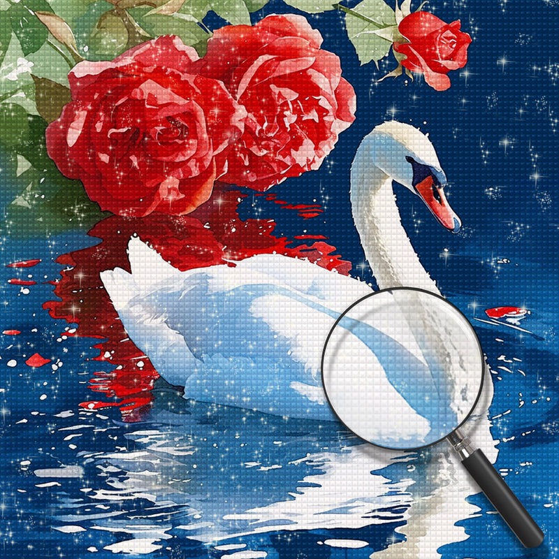 Cygne Blanc et Roses Rouges Broderie Diamant