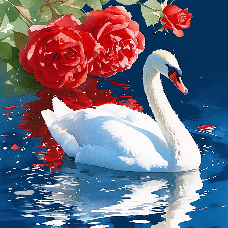 Cygne Blanc et Roses Rouges Broderie Diamant