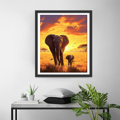 Éléphants au Coucher du Soleil Broderie Diamant