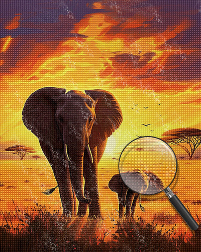 Éléphants au Coucher du Soleil Broderie Diamant