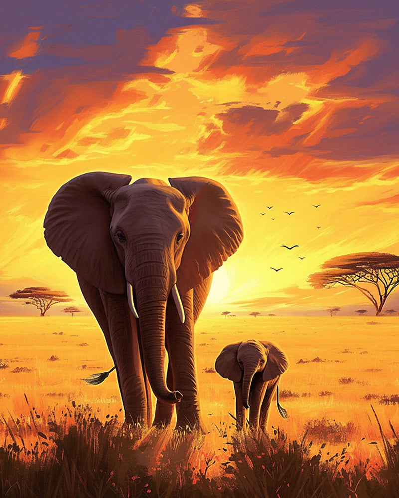 Éléphants au Coucher du Soleil Broderie Diamant