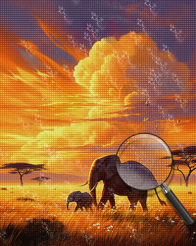 Éléphants au Coucher du Soleil Broderie Diamant