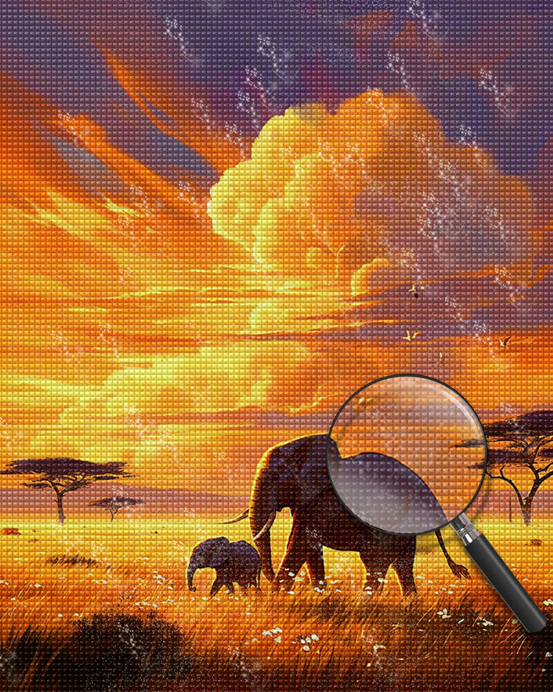 Éléphants au Coucher du Soleil Broderie Diamant