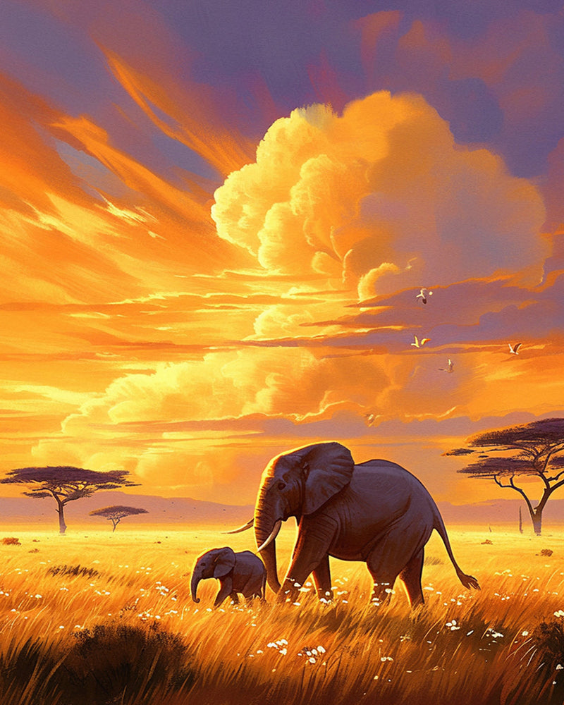 Éléphants au Coucher du Soleil Broderie Diamant