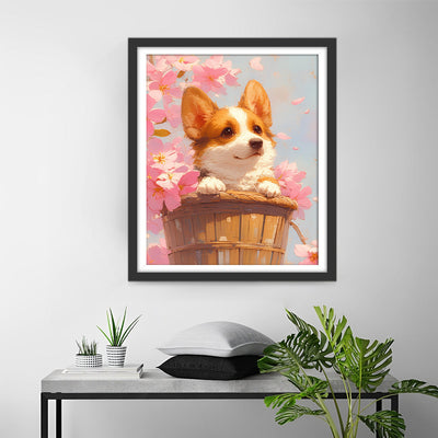 Corgi et Fleurs Roses Broderie Diamant