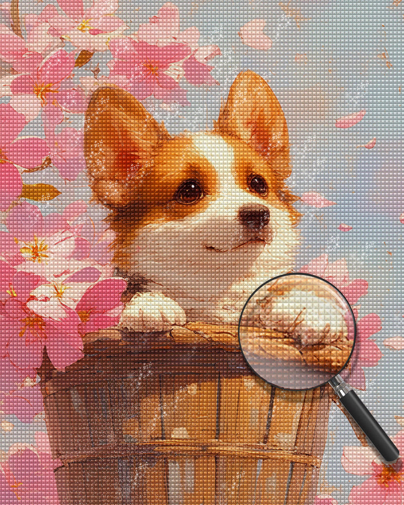 Corgi et Fleurs Roses Broderie Diamant