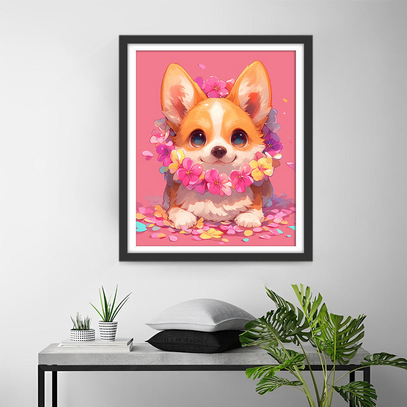 Corgi Mignon Avec des Fleurs sur Un Fond Rose Broderie Diamant