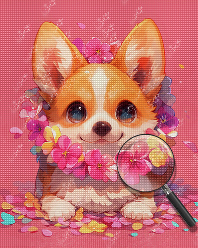 Corgi Mignon Avec des Fleurs sur Un Fond Rose Broderie Diamant