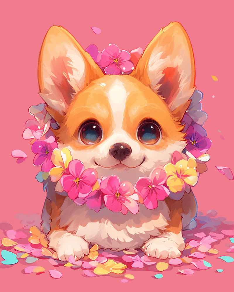 Corgi Mignon Avec des Fleurs sur Un Fond Rose Broderie Diamant