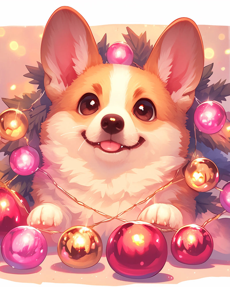 Corgi Mignon Avec des Boules de Noël Broderie Diamant