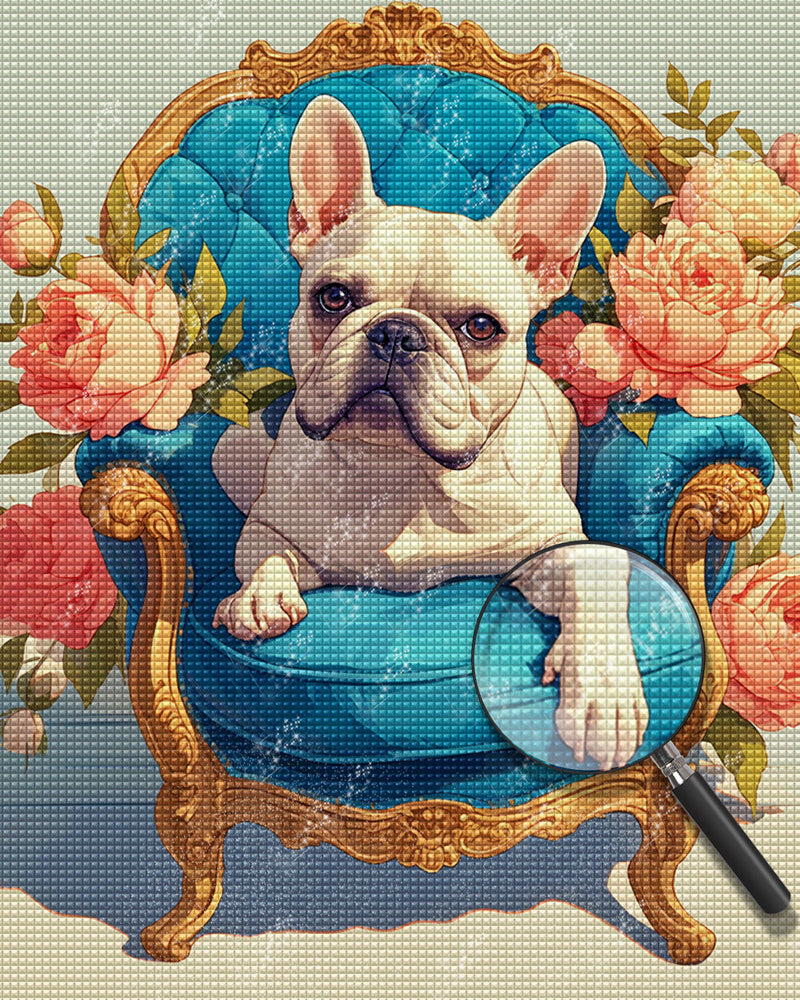 Bouledogue Français sur Un Canapé Bleu Broderie Diamant