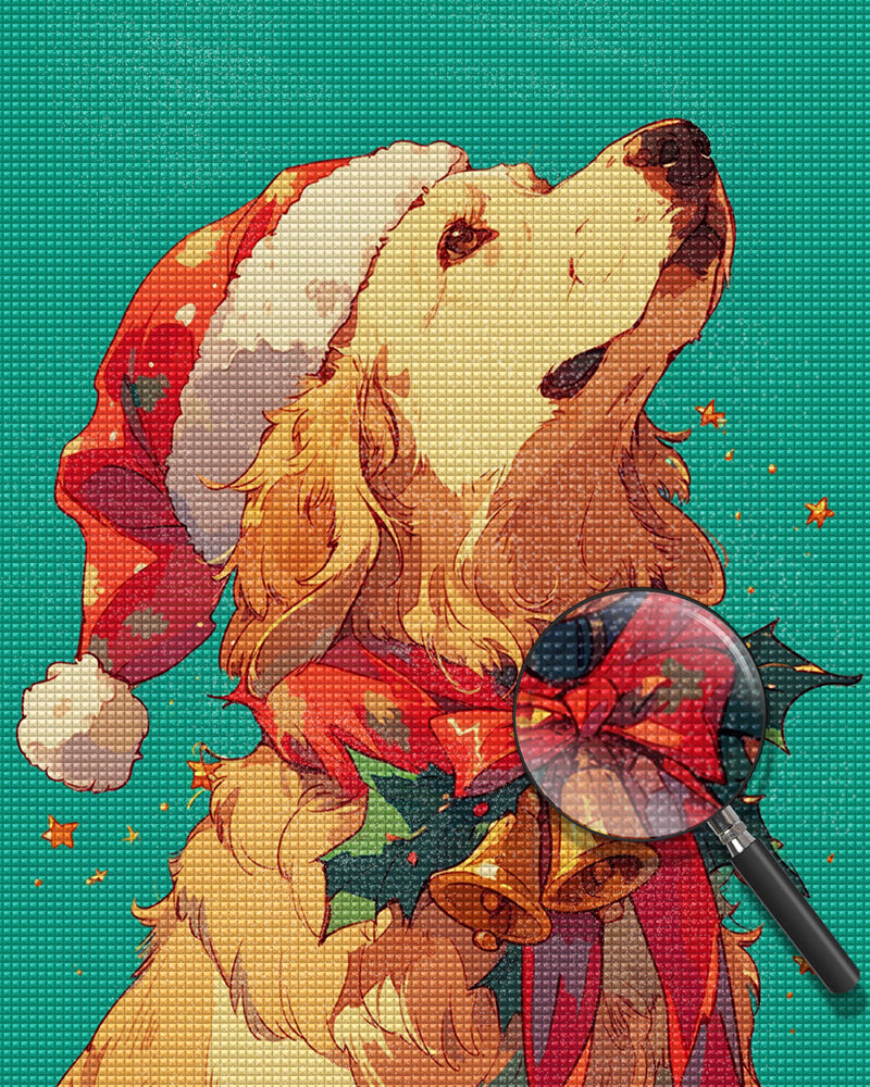 Retriever Doré dans Un Chapeau de Noël Broderie Diamant