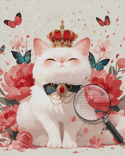 Chat Blanc Entouré de Fleurs et de Papillons Broderie Diamant