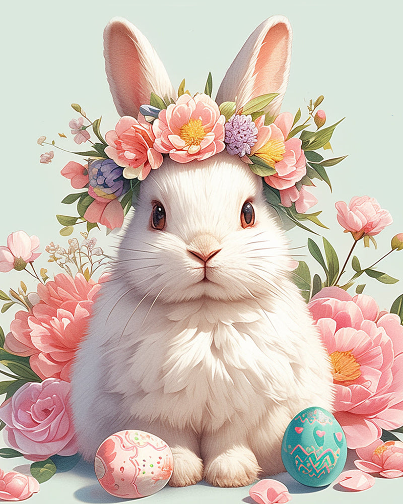 Lapin Avec des Fleurs Broderie Diamant