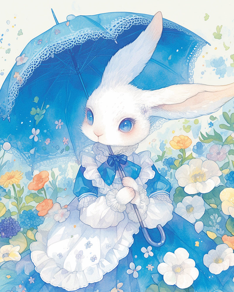 Lapin Avec Parapluie Bleu Broderie Diamant