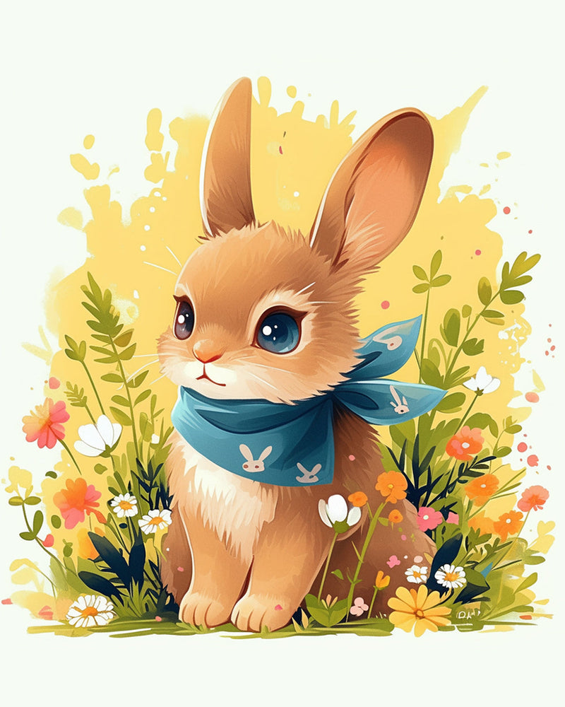 Lapin Mignon dans Les Fleurs Broderie Diamant