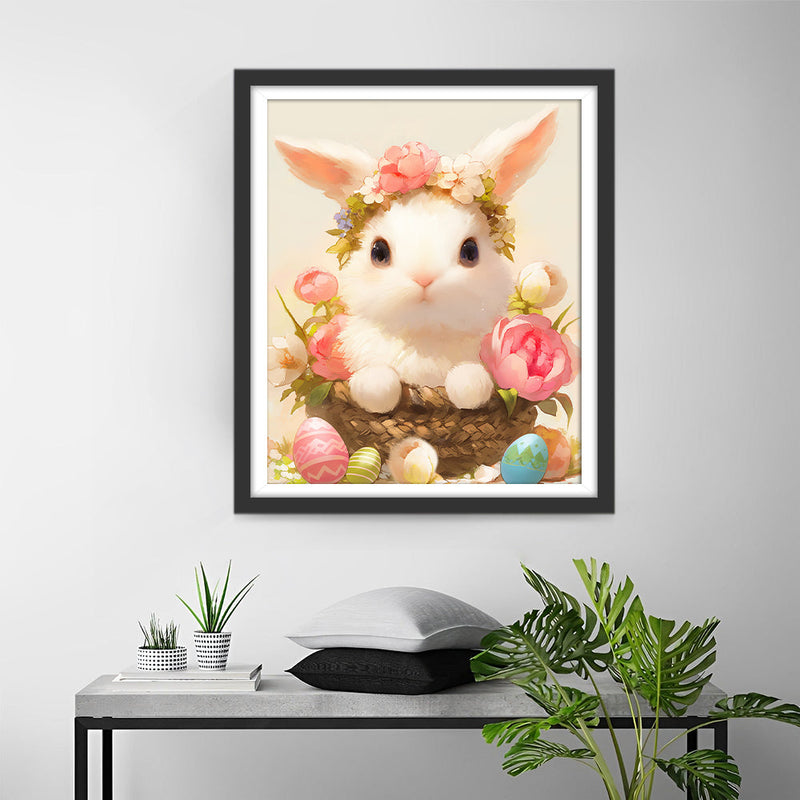 Lapin Blanc Avec des Fleurs Broderie Diamant