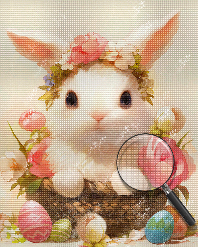 Lapin Blanc Avec des Fleurs Broderie Diamant