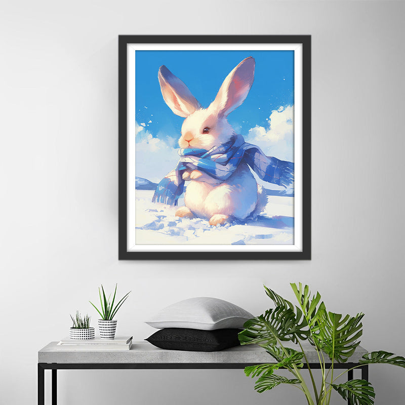 Lapin Blanc Avec Écharpe Bleue Broderie Diamant