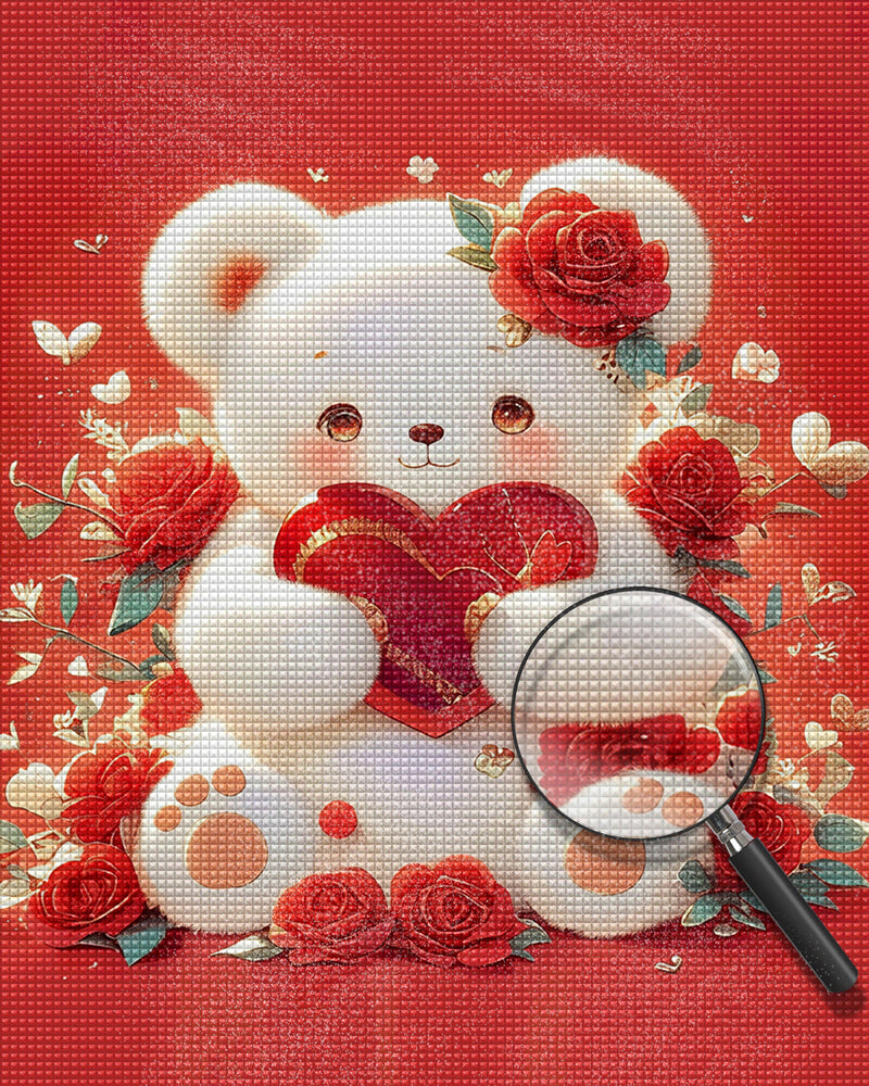 Ours Blanc Animé Tenant Un Cœur Rouge Broderie Diamant