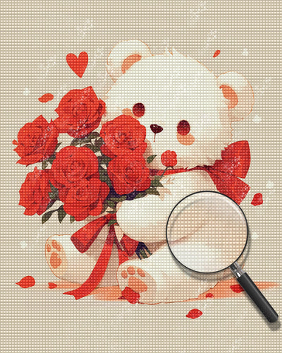 Ours Mignon Animé Avec des Roses Rouges Broderie Diamant