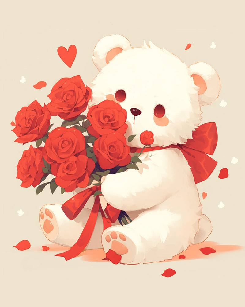 Ours Mignon Animé Avec des Roses Rouges Broderie Diamant