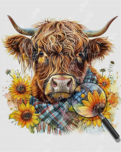 Vache des Highlands Avec Tournesols Broderie Diamant