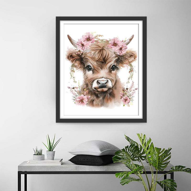 Vache des Highlands Avec des Fleurs Roses Broderie Diamant