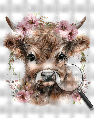 Vache des Highlands Avec des Fleurs Roses Broderie Diamant