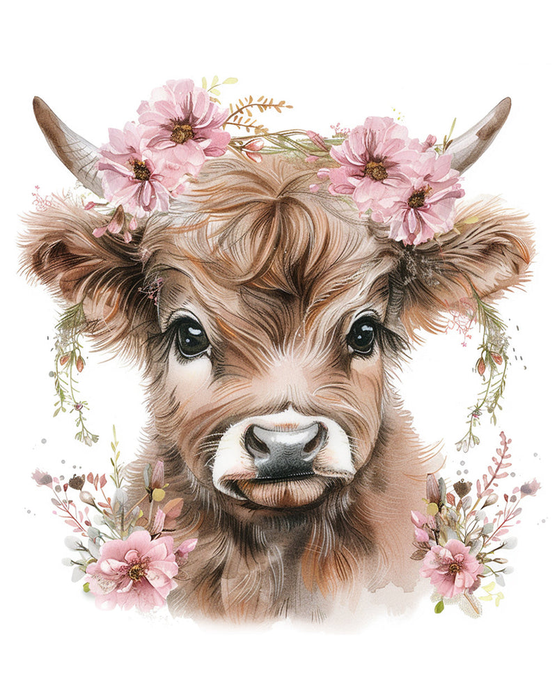 Vache des Highlands Avec des Fleurs Roses Broderie Diamant