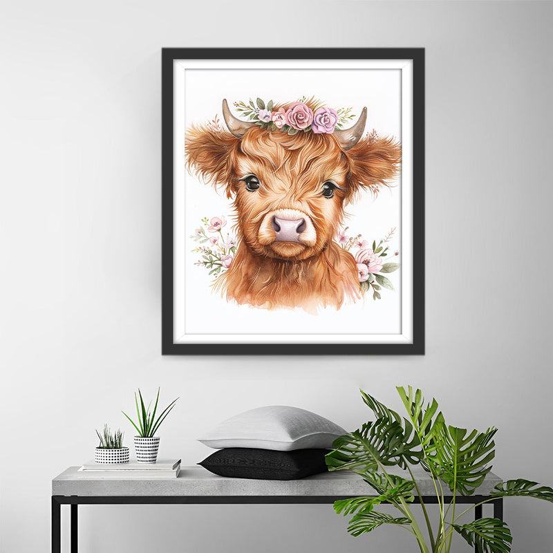 Vache des Highlands Avec des Fleurs Roses Broderie Diamant