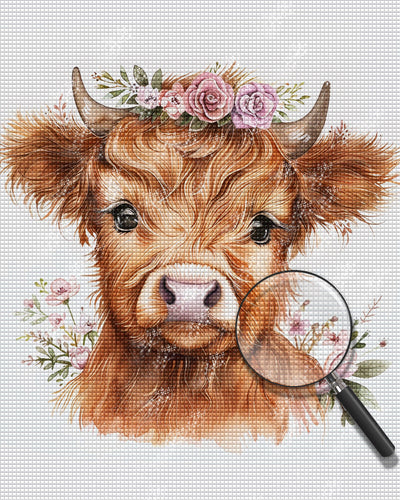 Vache des Highlands Avec des Fleurs Roses Broderie Diamant