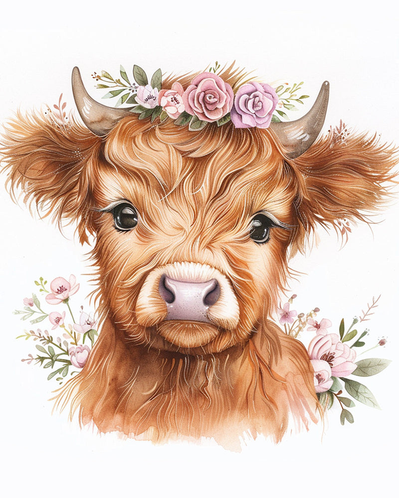 Vache des Highlands Avec des Fleurs Roses Broderie Diamant