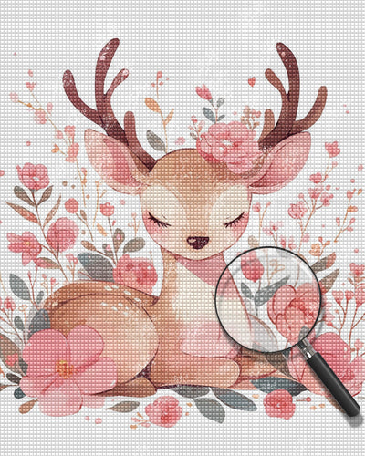 Cerf Animé et Fleurs Roses Broderie Diamant