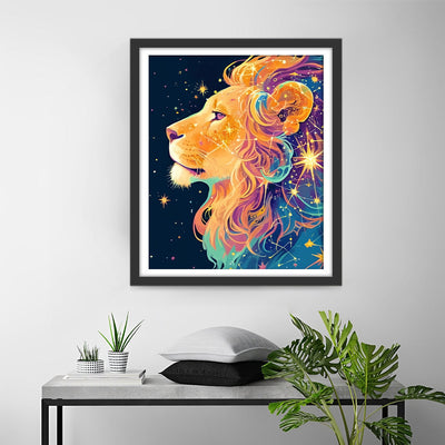 Lion Élégant et Étoiles Broderie Diamant