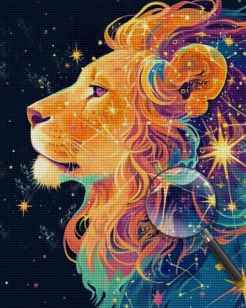 Lion Élégant et Étoiles Broderie Diamant