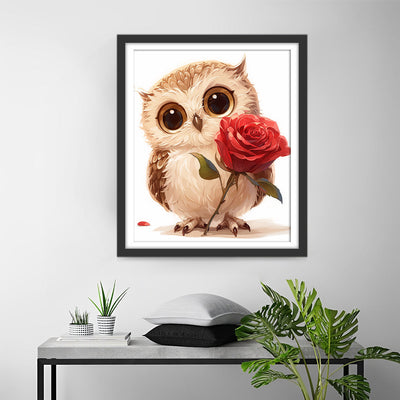 Hibou Avec Rose Rouge Broderie Diamant