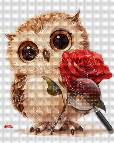 Hibou Avec Rose Rouge Broderie Diamant