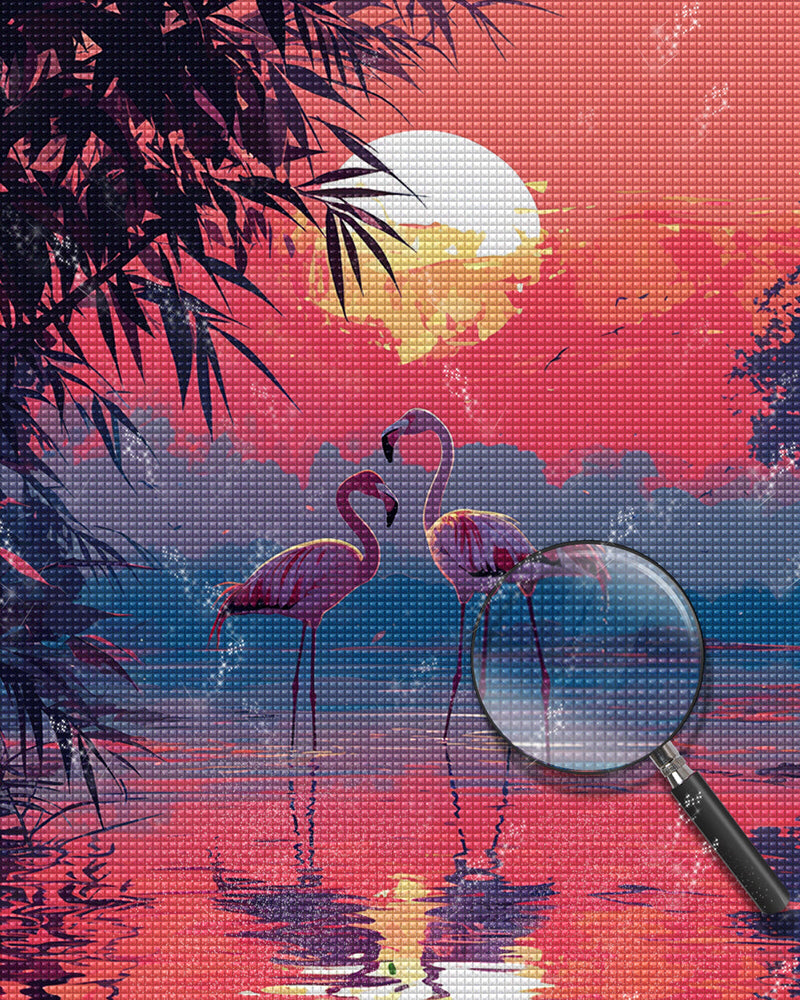 Flamingos au Coucher du Soleil Broderie Diamant