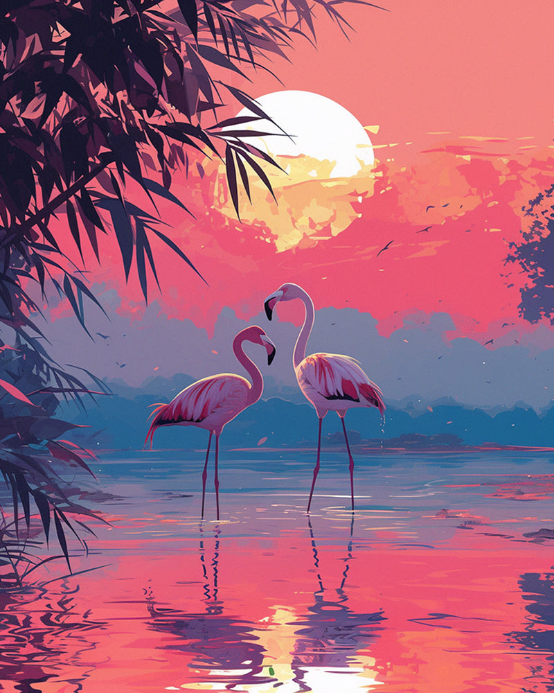 Flamingos au Coucher du Soleil Broderie Diamant