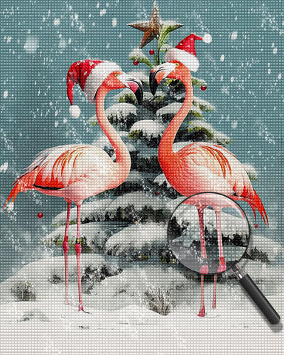 Flamingos et Sapin de Noël dans La Neige Broderie Diamant