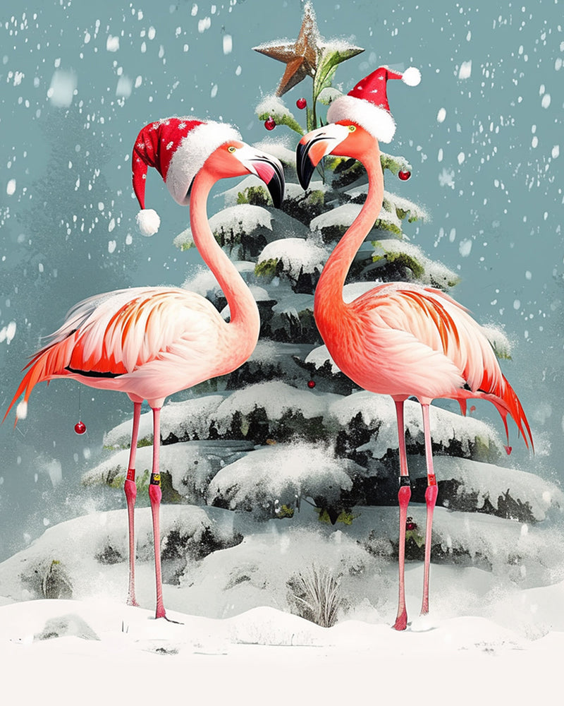 Flamingos et Sapin de Noël dans La Neige Broderie Diamant