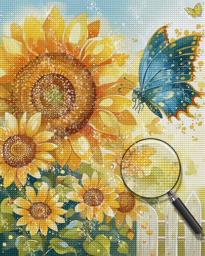 Papillon Bleu et Tournesols Broderie Diamant