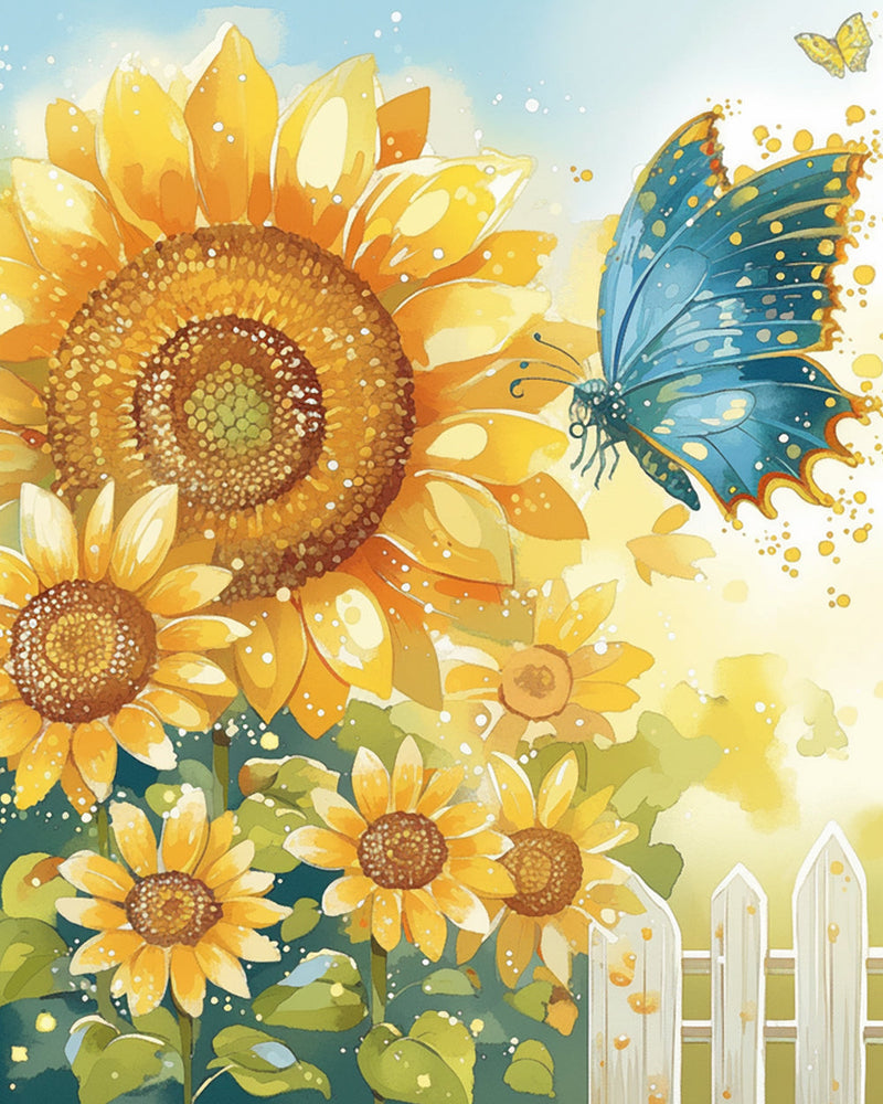 Papillon Bleu et Tournesols Broderie Diamant