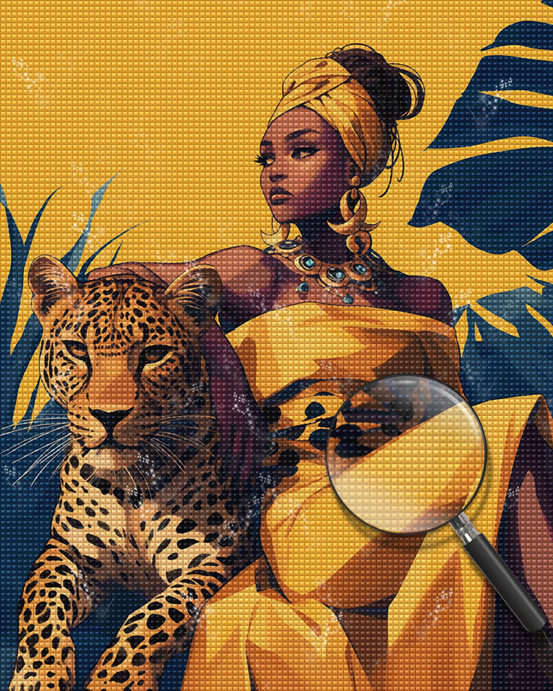 Léopard et Beauté Africaine Broderie Diamant