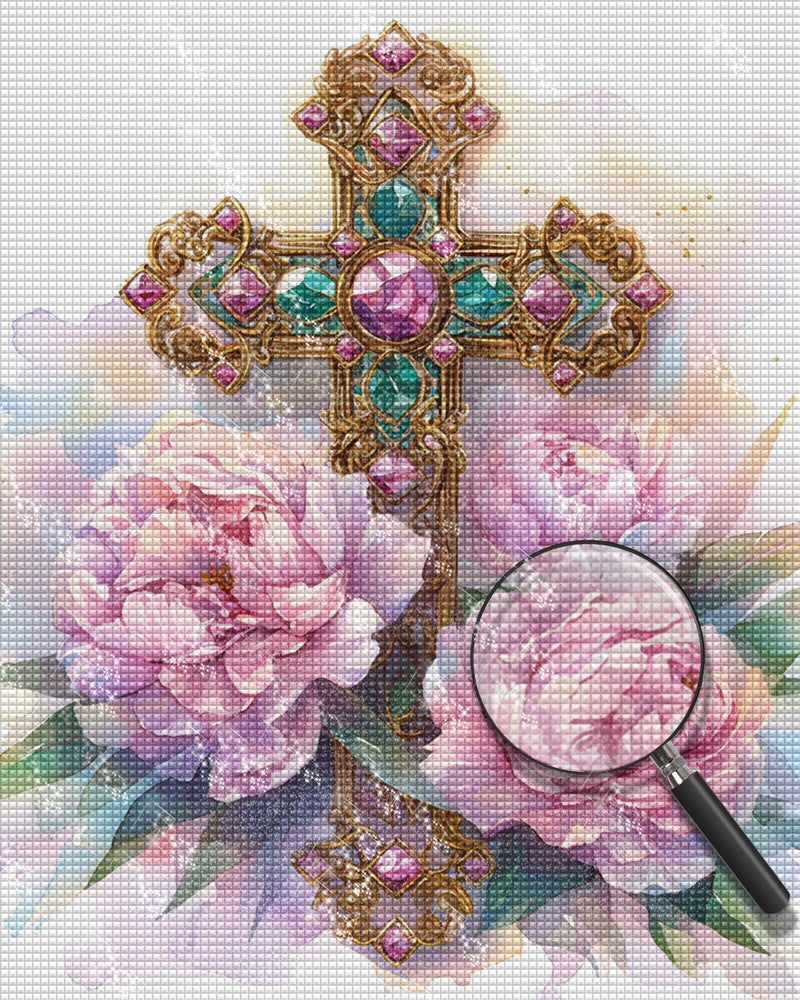 Croix aux Pivoines Broderie Diamant