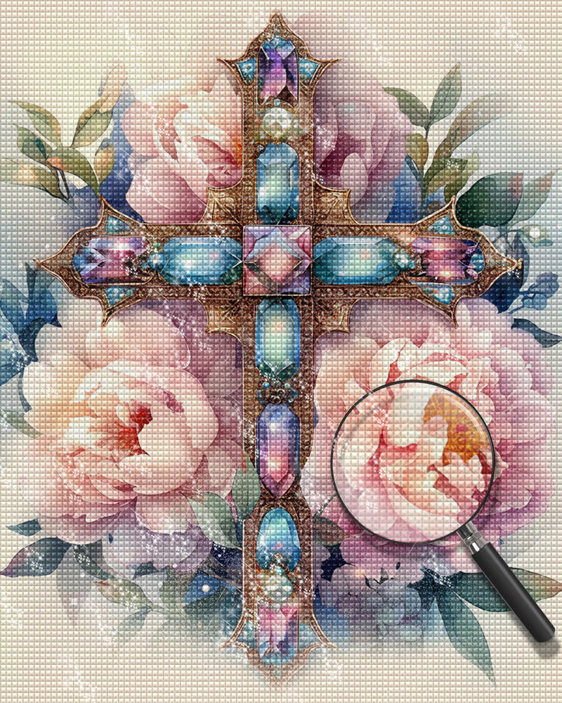 Croix et Fleurs Roses Broderie Diamant