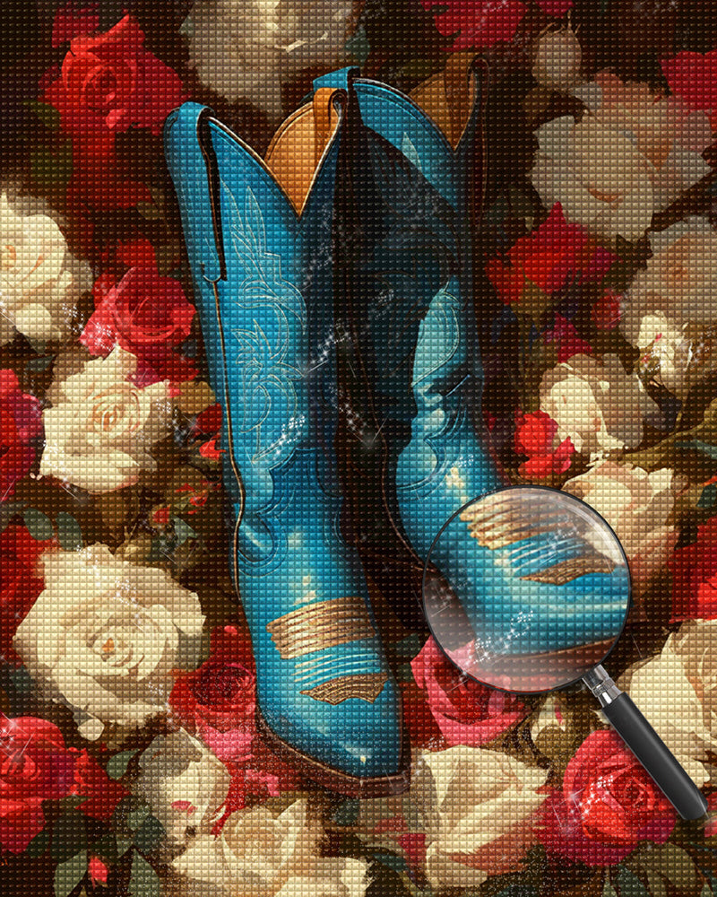 Bottes Bleues Entourées de Roses Broderie Diamant