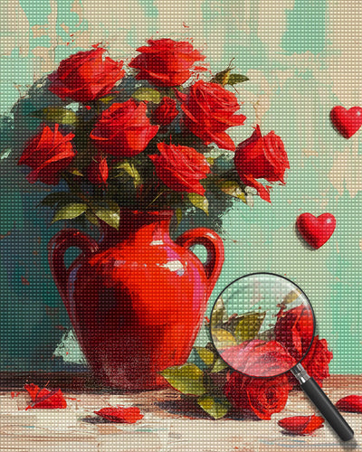 Roses Rouges dans Un Vase Rouge Broderie Diamant