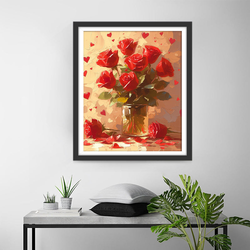 Roses Rouges dans Un Vase en Verre Broderie Diamant